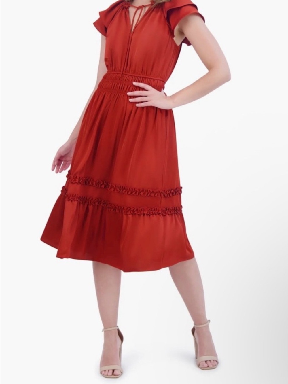 Eliza J Rust Red Midi Dress with Smocked Waist